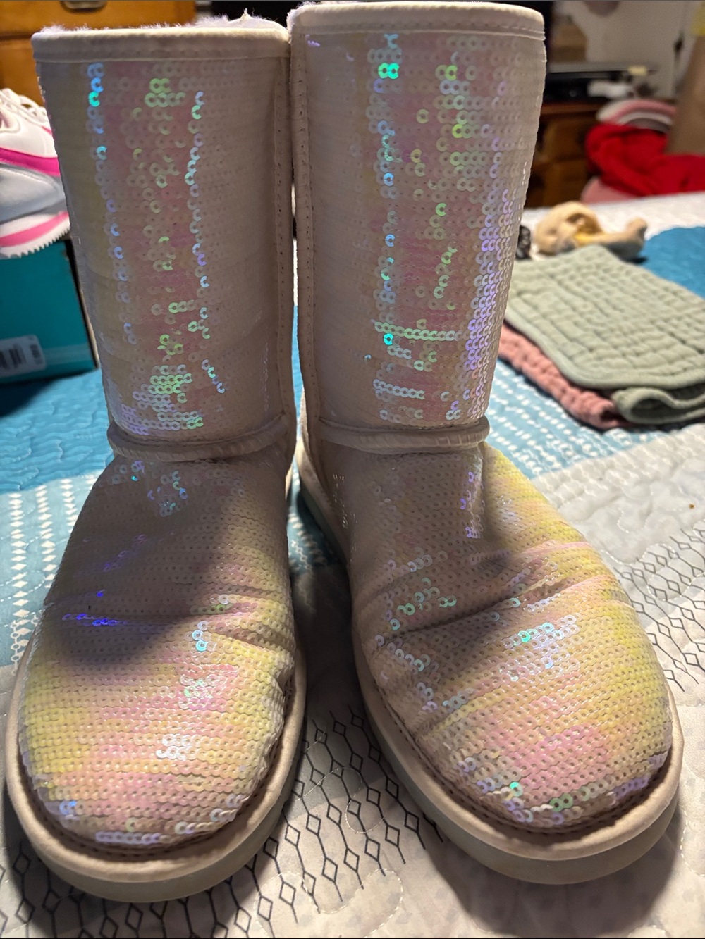 Womens Iridescent Sequin Winter Boots - White